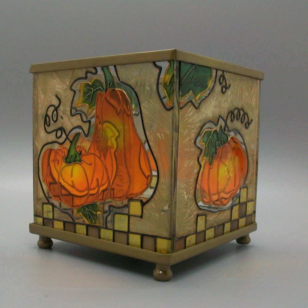 Harvest Pumpkins Stain Glass Footed Tealight Votive Holder